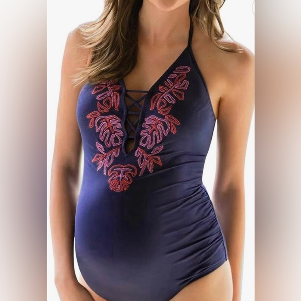 Pea in the Pod embroidered maternity swimsuit (navy) - size medium